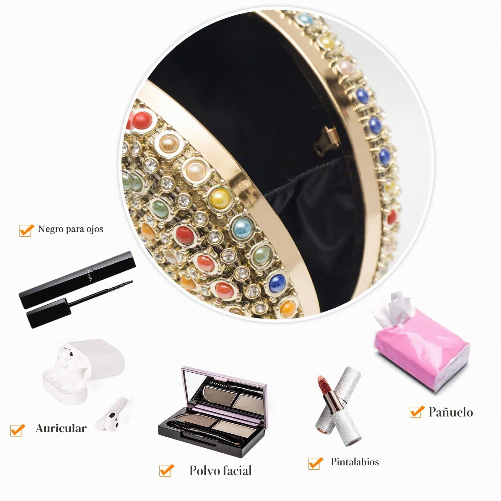 Bolso de Fiesta con Bola Redonda para Mujer Diamantes de Imitación Clutch Bolso de Boda Elegante Bolsa de Noche con Cuentas Bolso de Hombro Pequeña Formal Boda Banquete Bolsos Bandolera