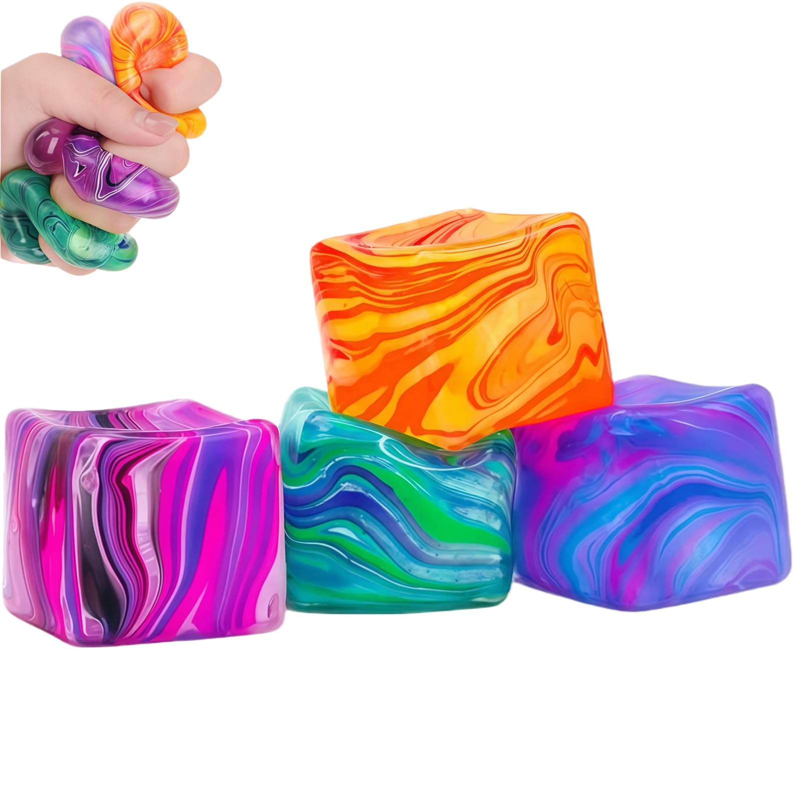 4Pcs Stress Toys,QIANSSE Squishy Cube Set including Ice Cube Design Sensory Squeeze Toys for Kids Adults Squishy Balls for Autism Anxiety Relief Ideal for Kids