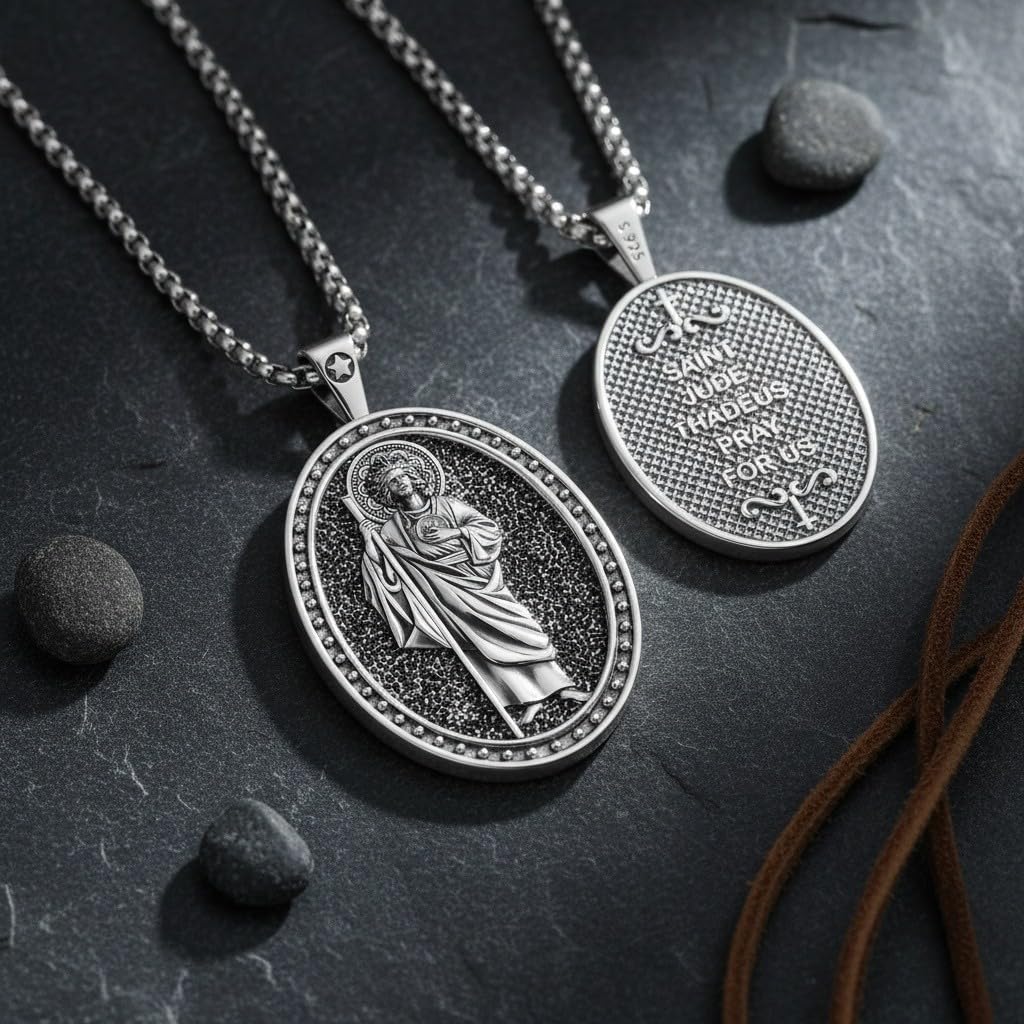 San Judas Necklace for Men Women San Judas Tadeo Necklace Oval Saint Patron Medal Religious Amulet Gifts