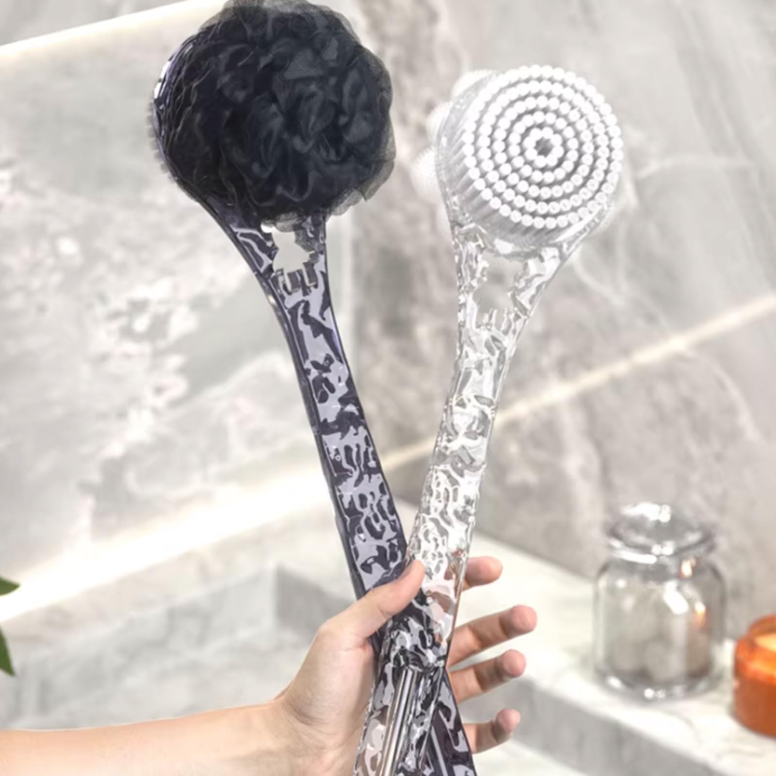 Lekka plastikowa myjka pod prysznic z miękkim sztywnym włosiem, dwustronna wanna z długim uchwytem, dla mężczyzn i kobiet szybkoschnąca (Clear+Black)