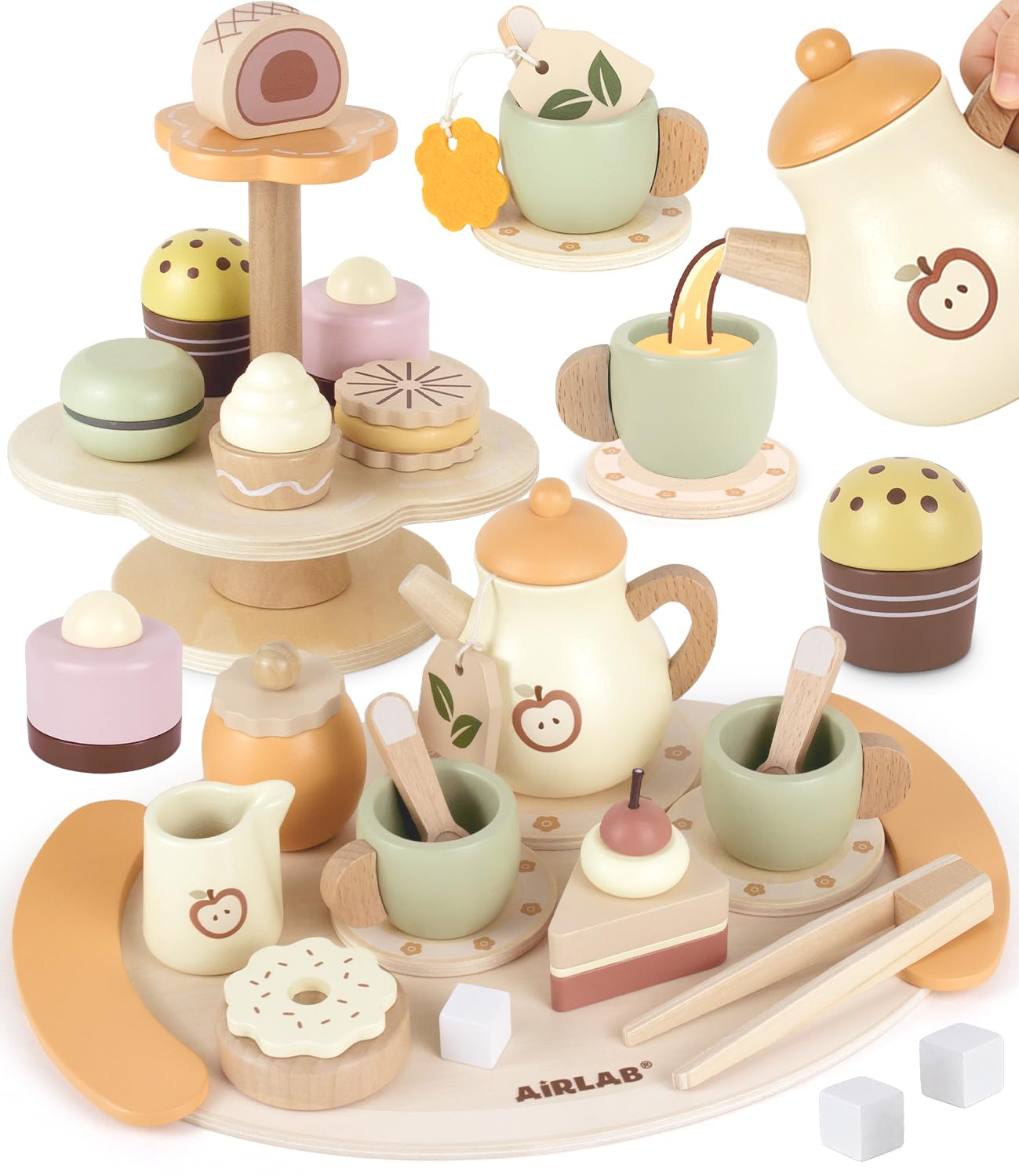 Airlab Wooden Tea Set for Toddlers, Afternoon Tea Party Pretend Play Food, Role Play Kids Kitchen Accessories with Cake Stand, Educational Toys Montessori Birthday Gifts for 3 4 5 Year Old Baby Girls