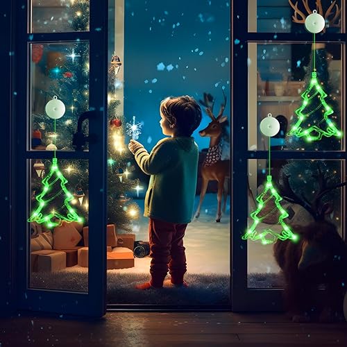 Miniatura 8 de LYUBASA 3 luces navideñas para ventana, funciona con pilas, lámpara LED con forma de árbol iluminado verde