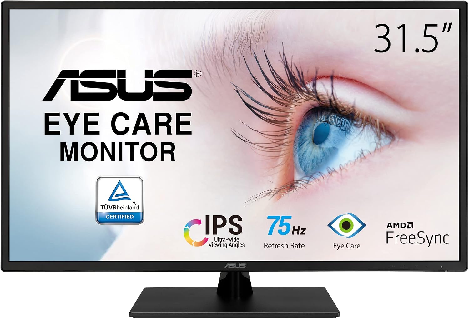 ASUS 31.5” 1080P Monitor (VA329HE) - Full HD, IPS, 75Hz, Adaptive-Sync, Eye Care, Low Blue Light, Flicker Free, HDMI, VGA, Wall Mountable, Tilt Adjustable