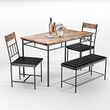 4-Piece Dining Table Set for 4, 2 Chairs and Bench, Storage Rack, Brown