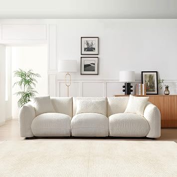 WILLIAMSPACE 102.36 Sectional Sofa Couch for Living Room, Modern Back Upholstered Cloud Boucle Couch with 3 Throw Pillows, 4 Seat Teddy Deep Seat Boucle Sofa for Apartment, Office (Beige)