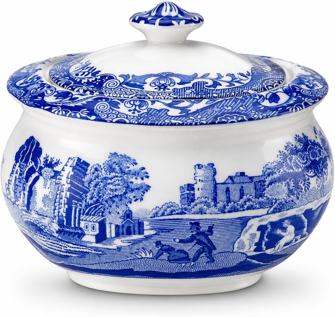 Blue Italian Covered Sugar Bowl - 9oz Earthenware Dish, Vintage Inspired Featuring Scenic Countryside Artwork - Dishwasher, Microwave, Freezer Safe - Ideal for Afternoon Tea & Brunch