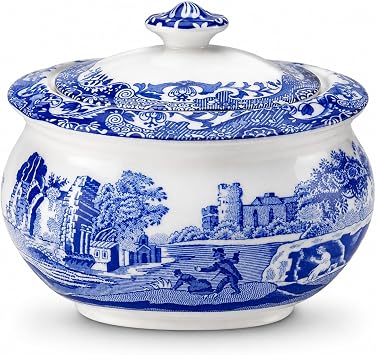 Spode Blue Italian Covered Sugar Bowl - 9oz Earthenware Dish, Vintage Inspired Featuring Scenic Countryside Artwork - Dishwasher, Microwave, Freezer Safe - Ideal for Afternoon Tea & Brunch