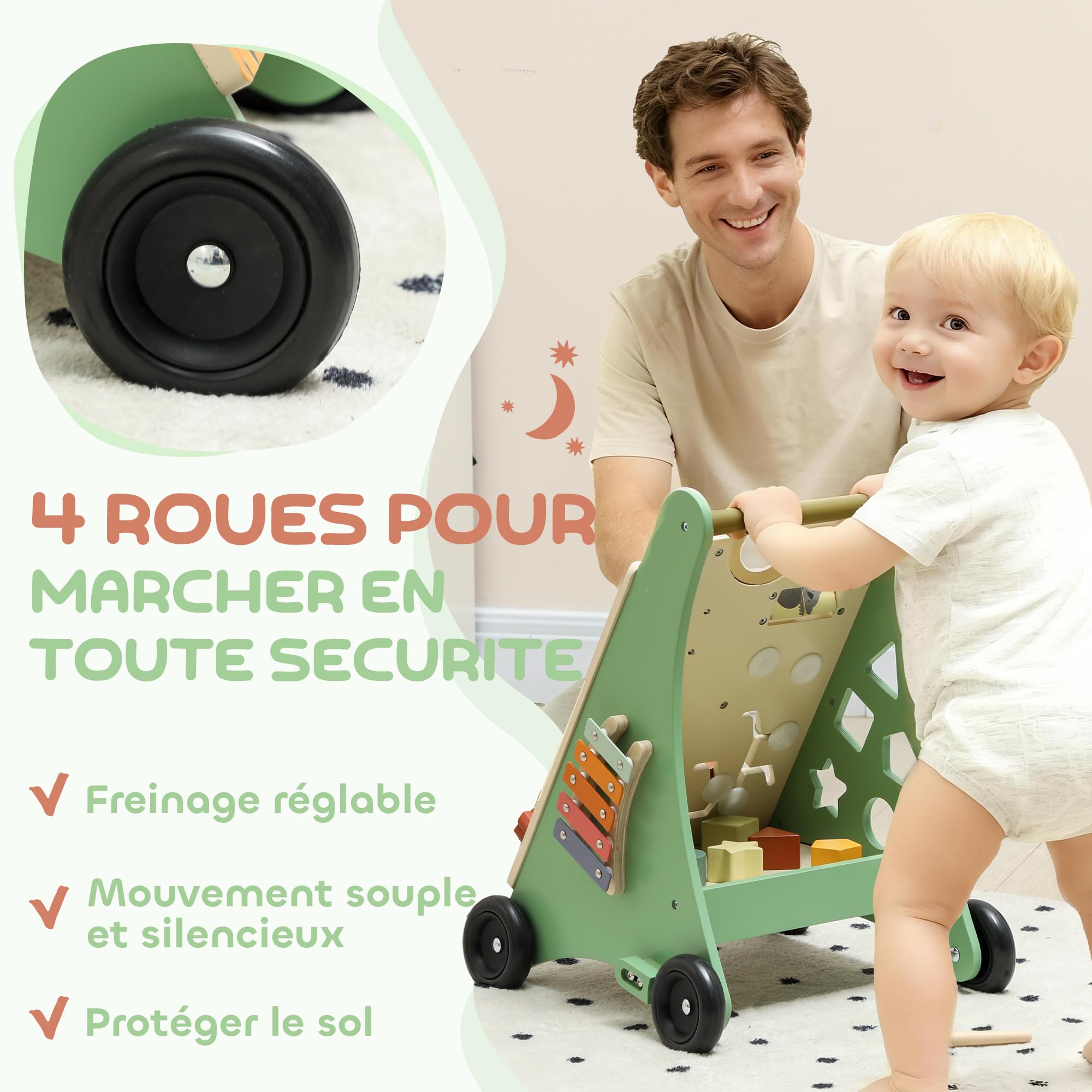AIYAPLAY Trotteur en bois pour bébé avec contrôle de vitesse, centre d'activités avec xylophone, engrenages et labyrinthe de perles, chariot de marche pour garçons et filles de 18+ mois, vert