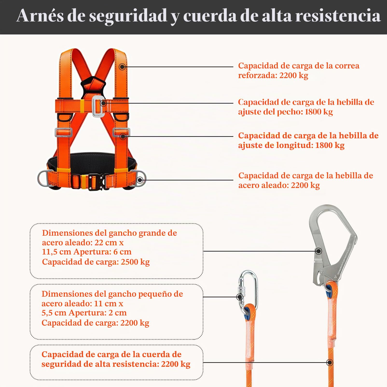 Kit de Arnés de Seguridad, Arnés de Protección Anticaídas de Seguridad, con Soporte para el Vientre Engrosado, Carga de 100 kg, para Trabajo en Altura, Hombres (Hebilla Grande de 1,6 m)