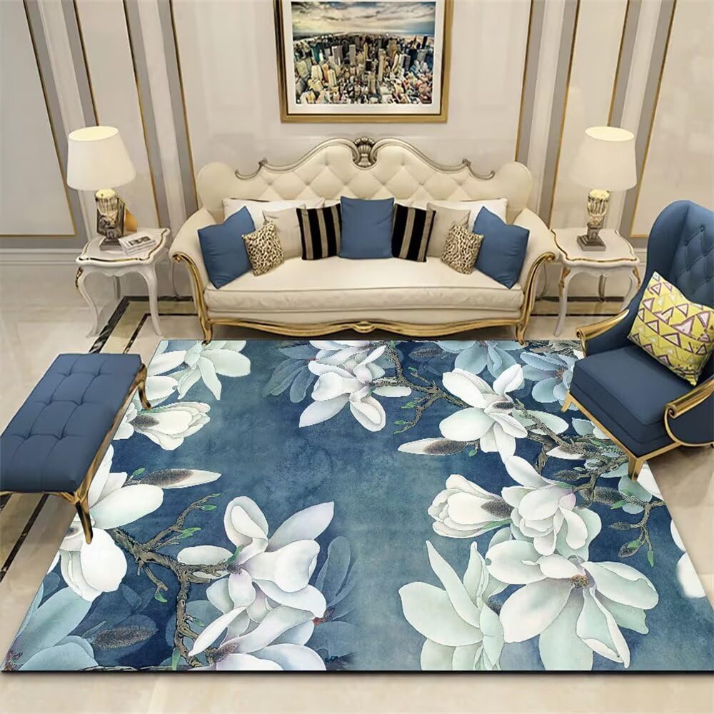 Tapis de passage bleu floral vintage blanc 200x200cm ado