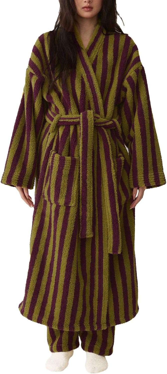 Women's Fuzzy Fleece Long Robe Striped Plush Kimono Warm Thick Fluffy Oversized V Neck Loungewear Maxi Bathrobe