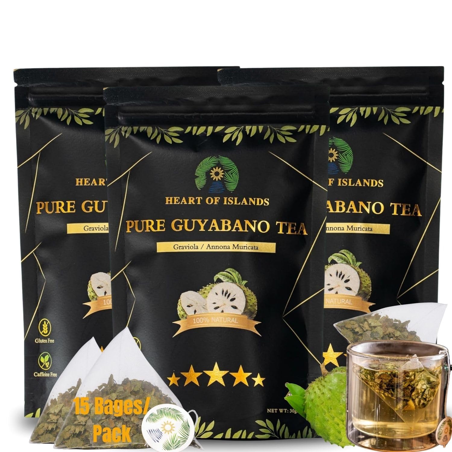 Heart of Islands Kosher & Halal Certified Soursop Tea Bags (2g Each) – Guyabano (Graviola) Leaf Herbal Tea from the Philippines – Caffeine-Free, Zero Calories – 45 Tea Bags (Pack of 3)