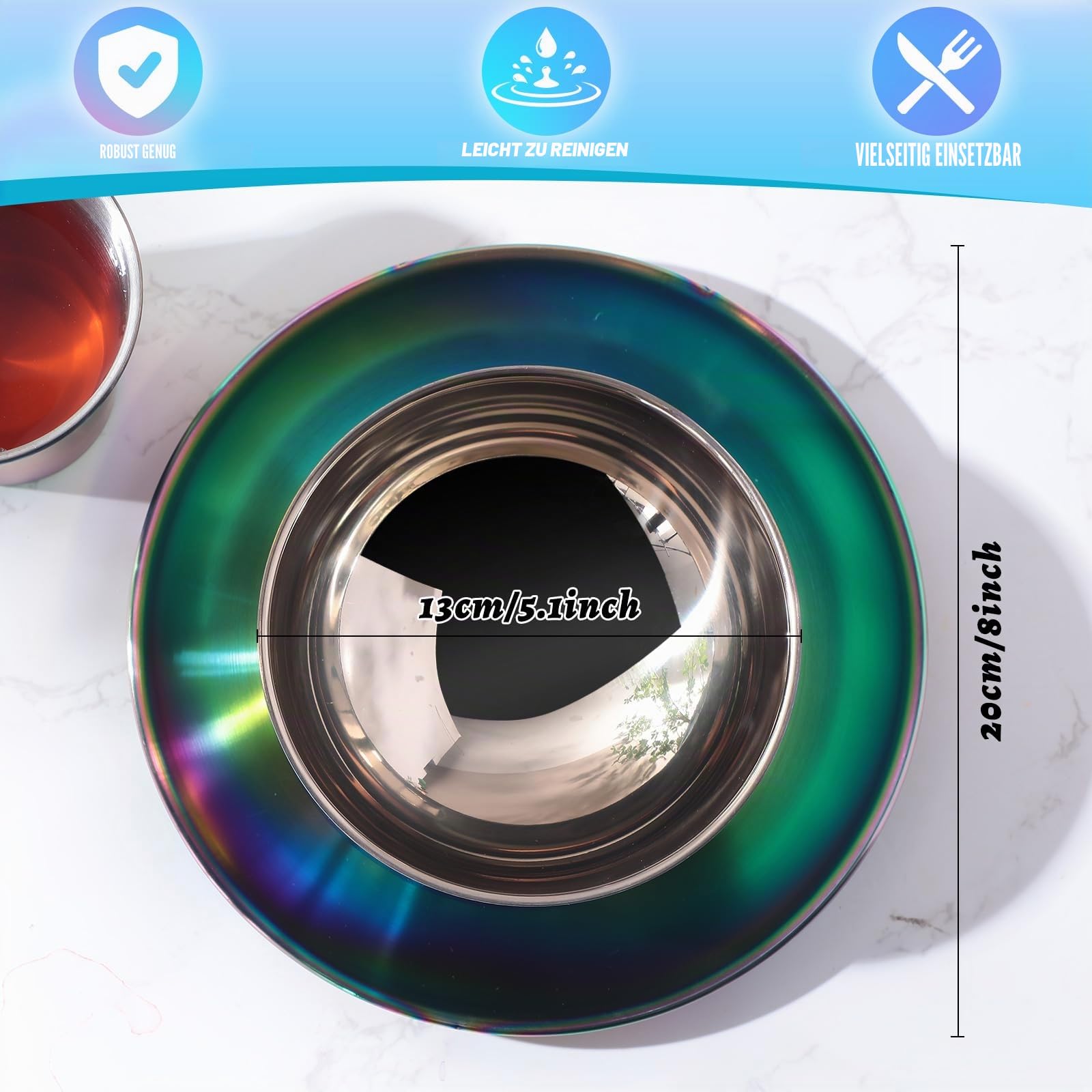 Layhit 30-teiliges Regenbogen-Geschirr-Set aus Edelstahl, Set mit 10 Tellern, Schüsseln, Tassen, schillerndem Kochgeschirr, wiederverwendbares Metallgeschirr, Besteck, Großpackung für Camping,
