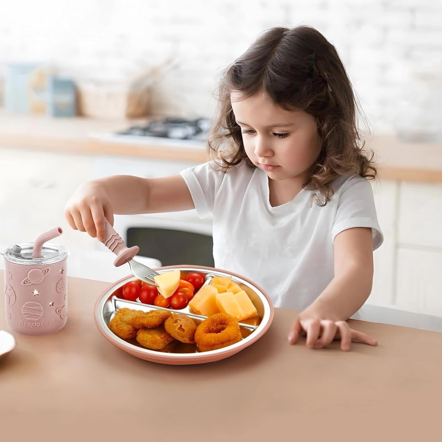 PandaEar 6-in-1 Stainless Steel Baby Feeding Set | Divided Suction Plate, Bowl, Sippy Cup with Straw, Bib, Spoon & Fork | BPA-Free Toddler Feeding Essentials for Self-Feeding (Pink) - Image 2