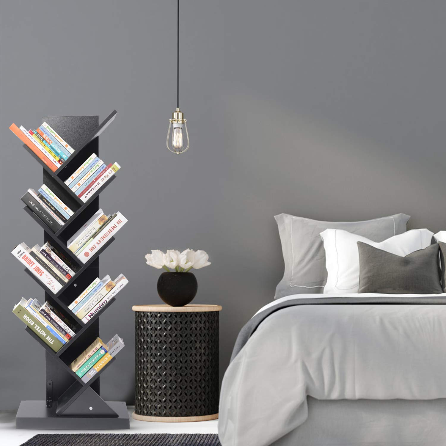 Wood Bookshelf Narrow Tall Tree Bookshelf Black Modern Open Wooden