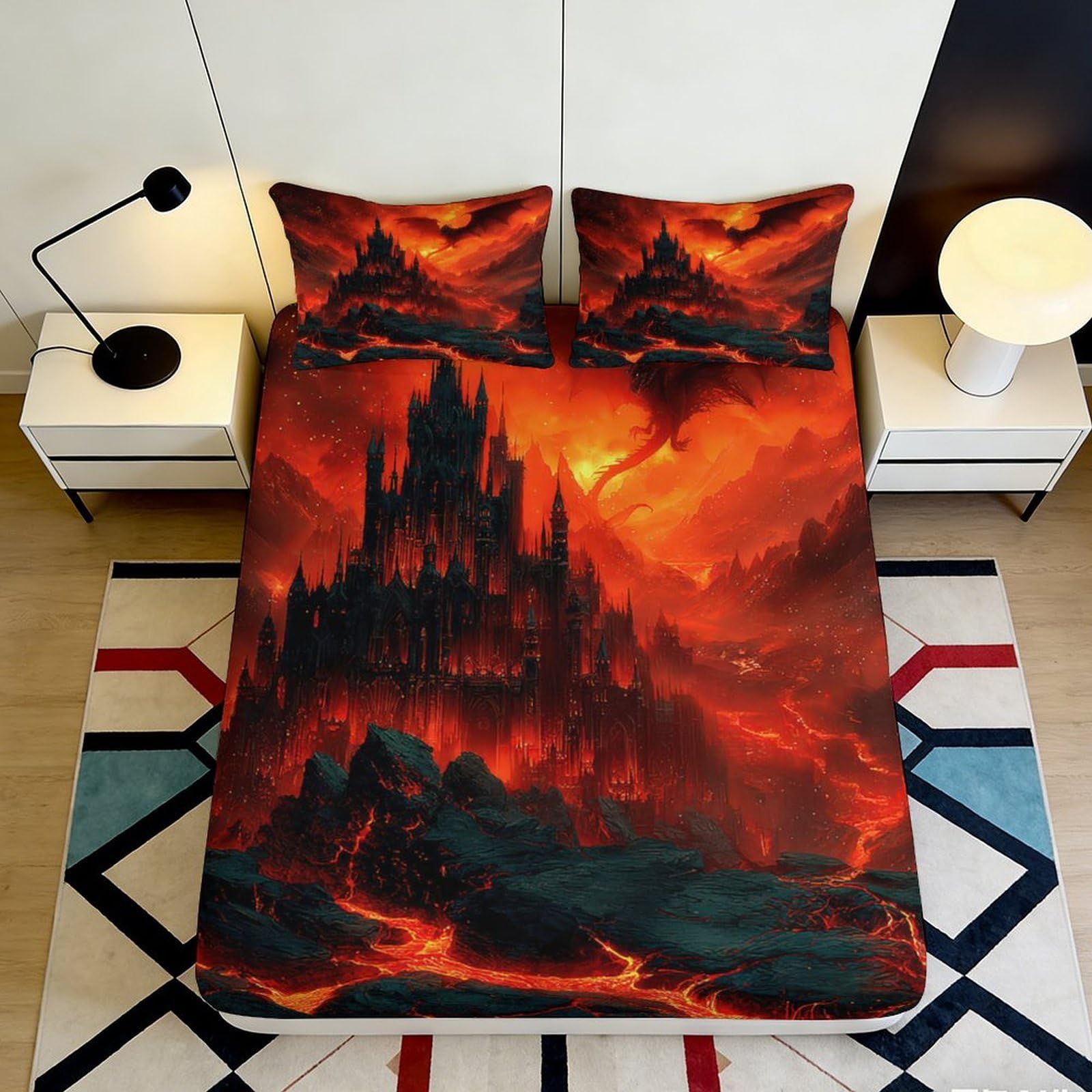 Jqzkxnhpbr Style-8 3D Printed Fiery Castle Fitted Sheet Microfiber Soft Breathable Lava Fortress Bed Cover For Bedroom Dorm Decor 90X200x25cm