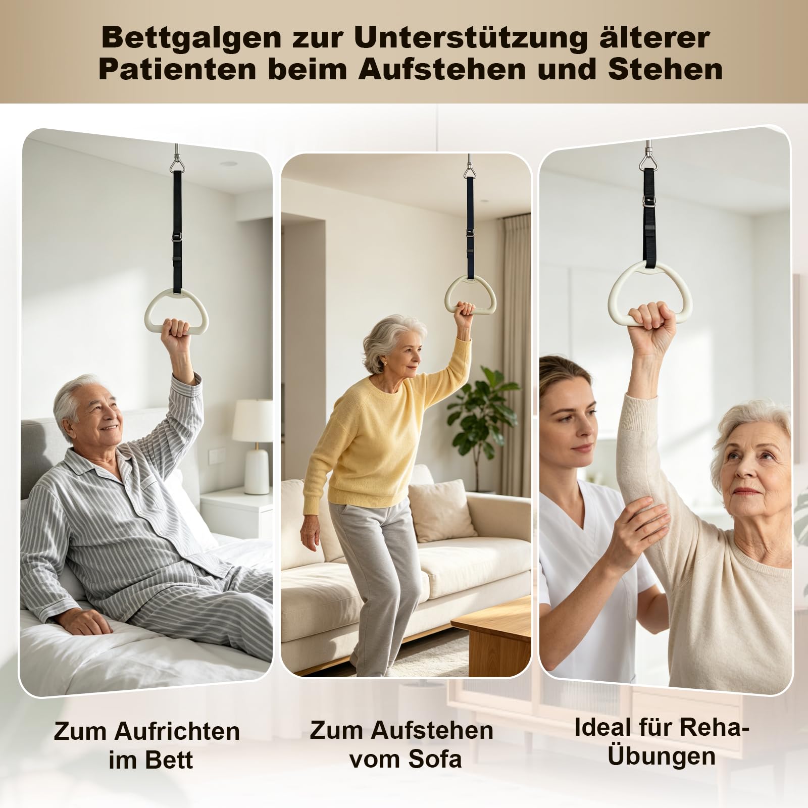 Bettgalgen für ältere Menschen, Deckenmontage-Galgen für Bett, Stehhilfe zum Aufsetzen auf und Aufstehen vom Bett, komfortabler & breiter Triangelgriff, höhen- und tiefenverstellbar, Tragkraft 300 kg