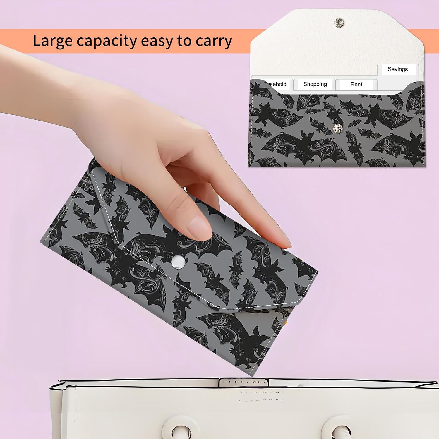 Cash Envelope Wallet, Reusable Budget Money Wallet, Cute PU Leather Money Saving Wallet with 4 Dividers & 1 Sheet Category Stickers Black Bats image 4