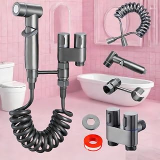 Kit de pulverizador de bidé de mano con manguera de bobina y adaptador de válvula doble, pulverizador de chorro de inodoro para ducha, incluye cinta de sellado de rosca, gris