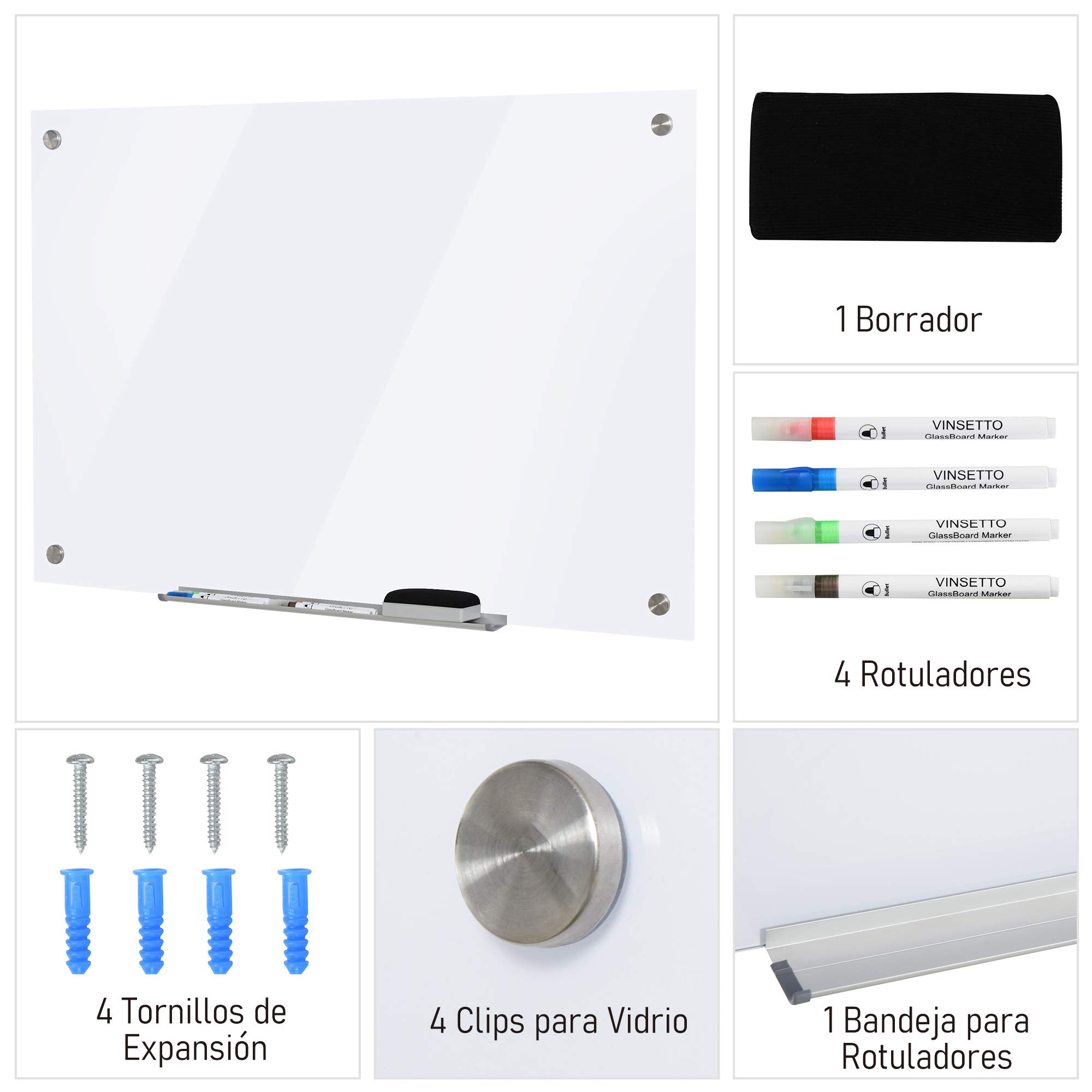 Vinsetto Pizarra de Cristal con Bandeja sin Marco 90x60x0,45 cm Blanco | Pizarra de Pared, Incluye 4 Rotuladores y Borrador