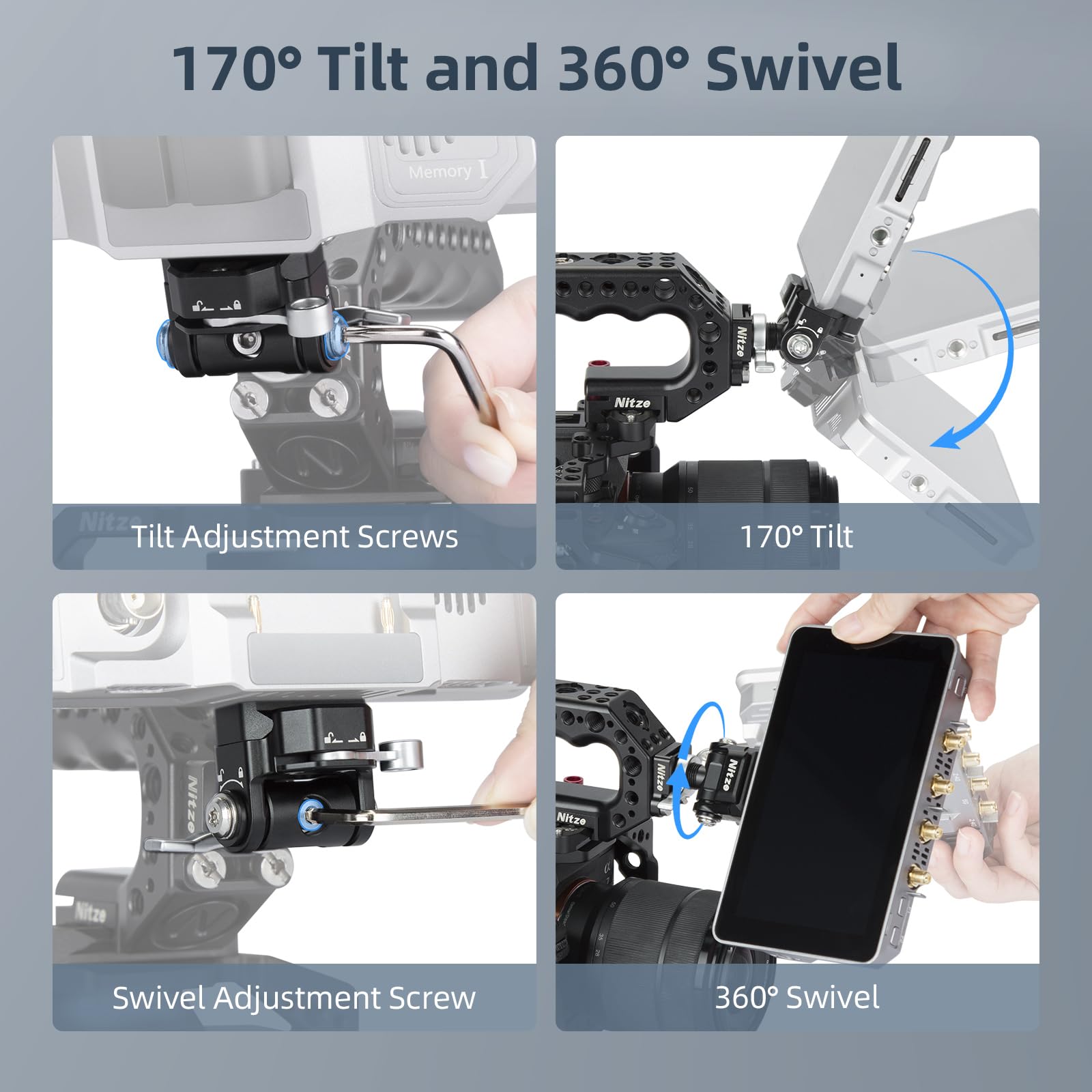 Nitze Quick Release Kamera Monitor Mount (NATO Rail mit 1/4"-Screw und Retractable Pins to Cold Shoe), Kameramonitorhalterung mit Verstellbarer NATO-Klemme, 180° Neigung und 360° Schwenkung - N54-S1