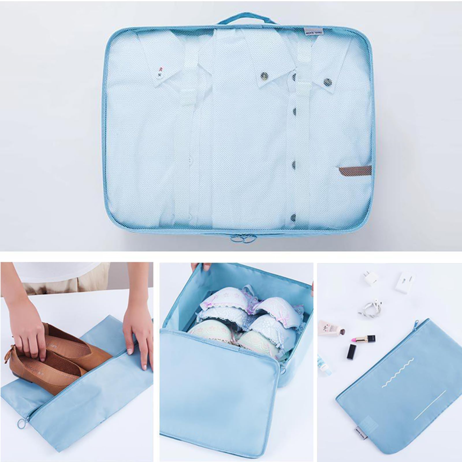 6 Set Cubi di imballaggio con borsa per articoli da toeletta e borsa per scarpe, set di borse organizzative per valigia da viaggio impermeabili con manico, per vesti, biancheria intima, scarpe e