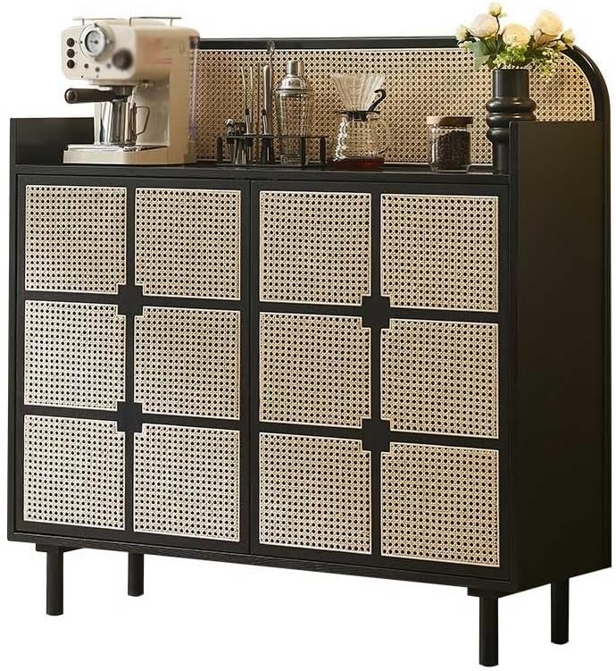 Sideboard Cabinet Retro Wooden Sideboard Living Room Kitchen Storage Cabinet Rattan Porch Storage Cabinet Sideboard Cabinet with Drawers