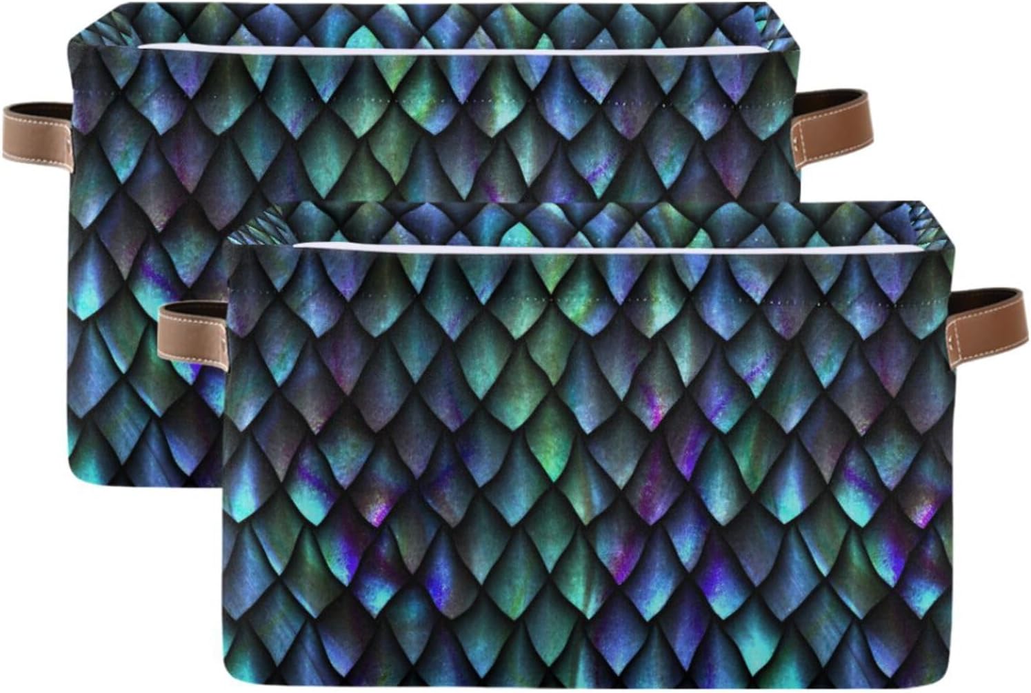 2 PCS Storage Basket Collapsible Organizer with Handle Dragon Scale Foldable Storage Bin Cube for Bedroom Nursery Playroom 14.2” x 10.2” x 8.3” Large Capacity Shelf Baskets