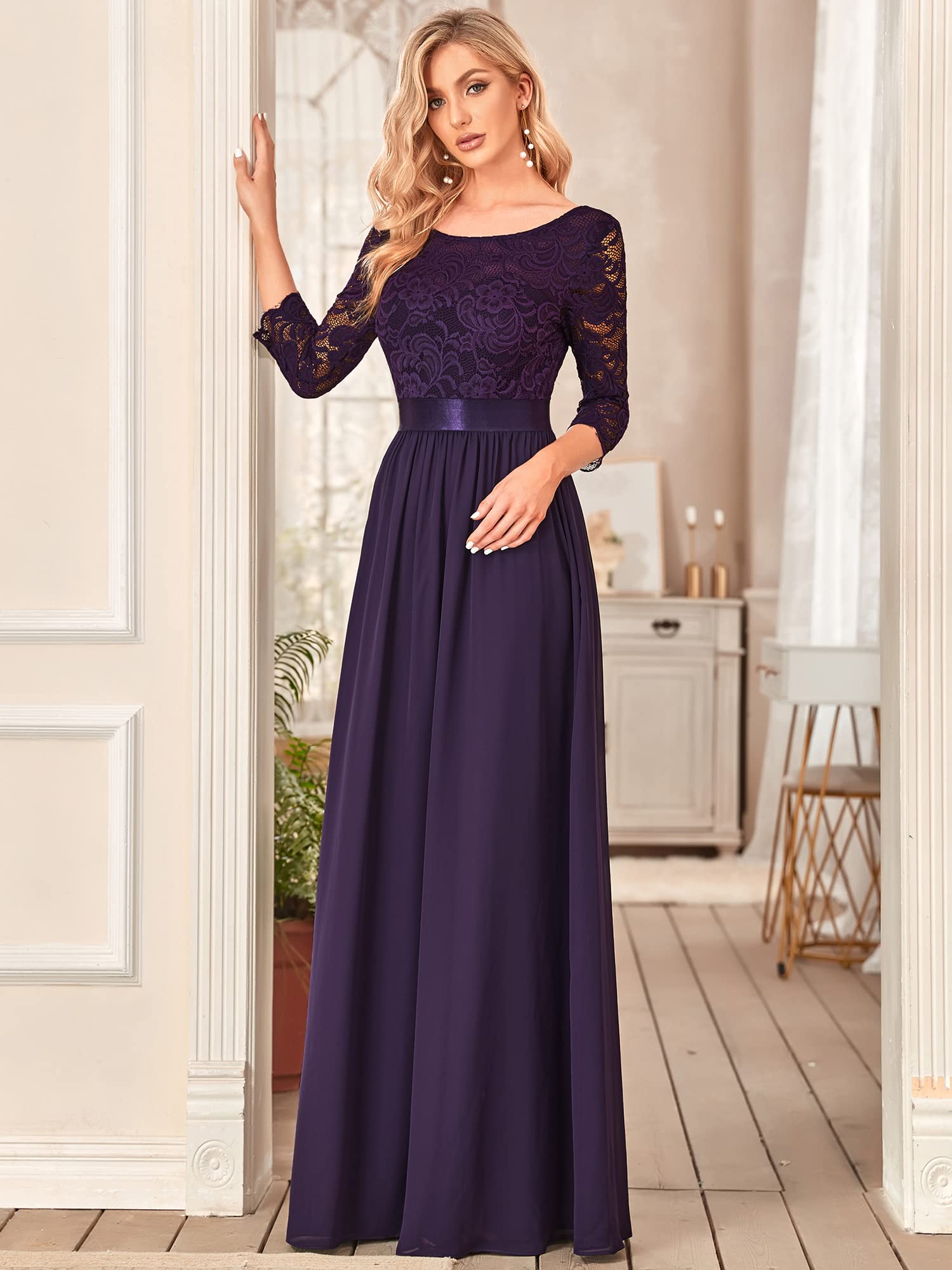 Ever-Pretty Vestidos de Fiesta Encaje Gasa Cuello Redondo Manga 3/4 Corte Imperio A-línea para Mujer 07412
