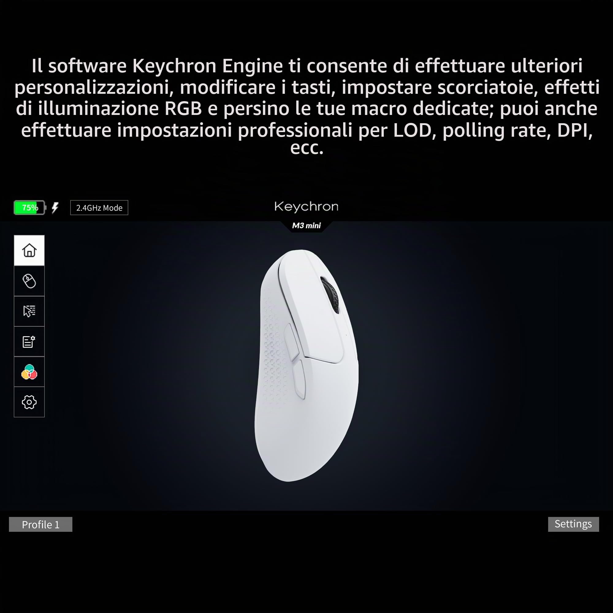 Keychron M3 Mini Mouse Ottico Senza Fili Bluetooth 5.1/2.4 Ghz/Wired Gaming Mouse, Sensore PixArt 3395 Programmabile fino a 26.000 DPI/650 IPS, Leggero Ergonomico per Windows Mac Linux - Bianco