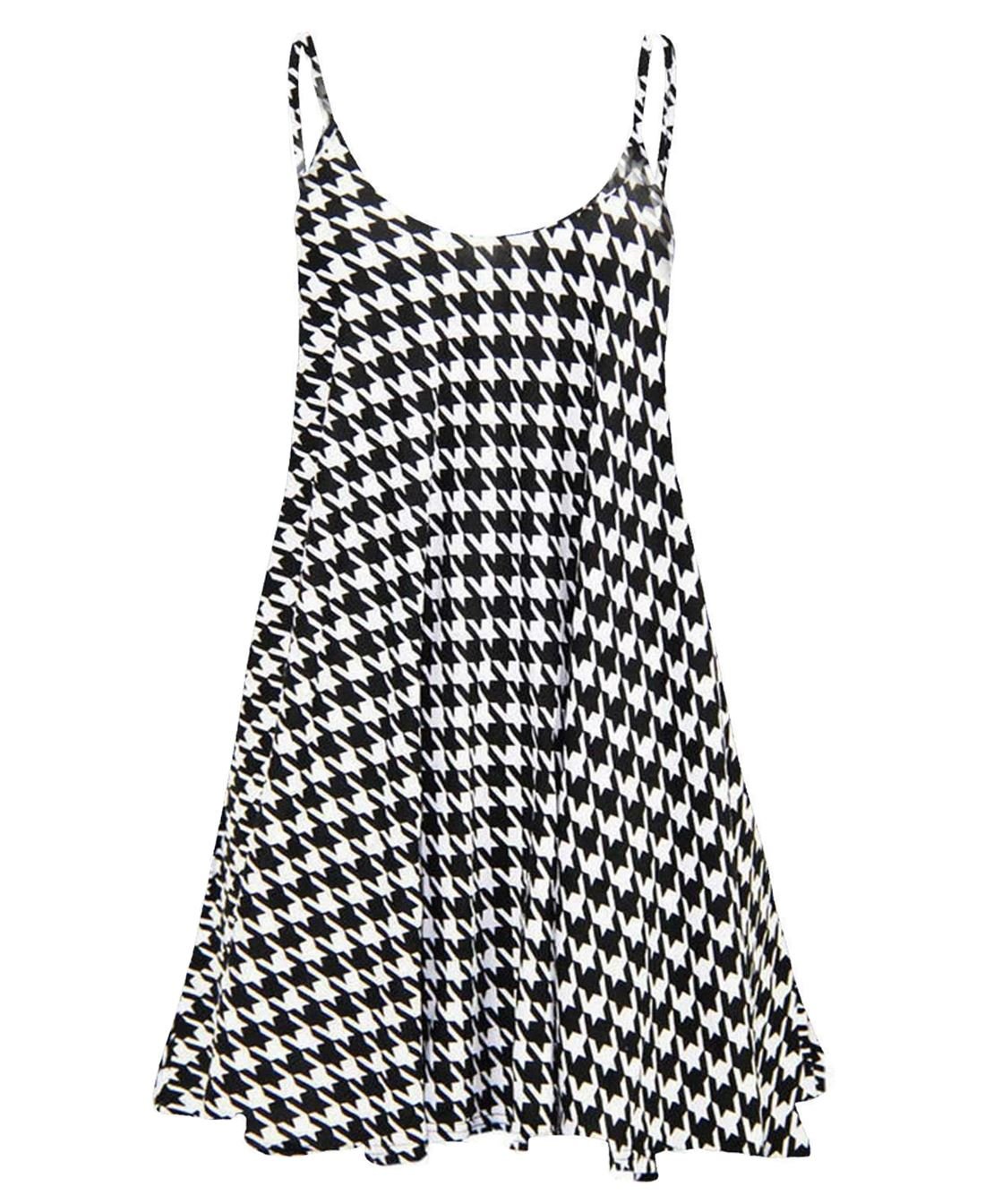 Hamishkane Women's Dogtooth New Sleeveless Strappy Flare Swing Mini Dress Long Camisole Cami Vest Top