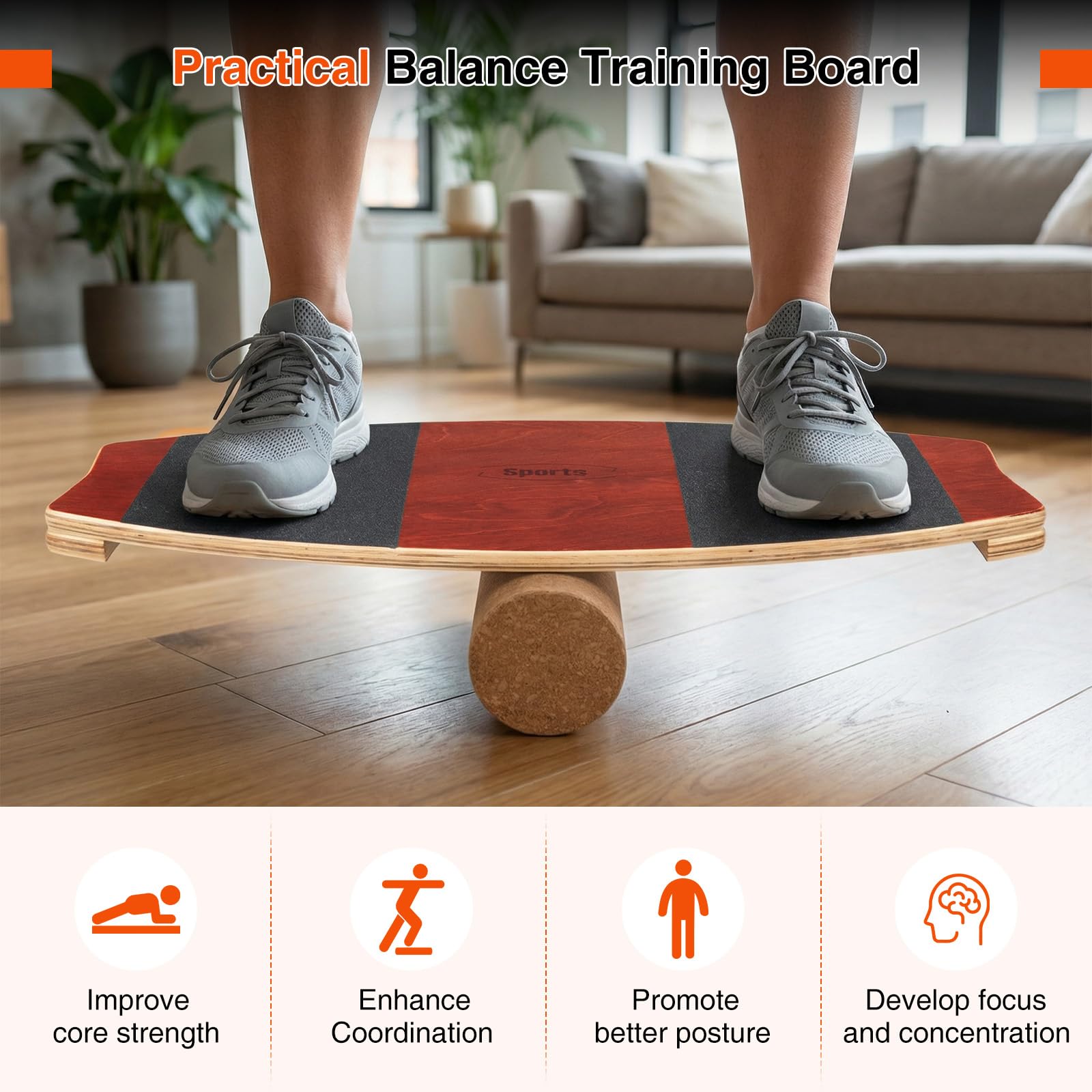 FANTASK Balance Board aus Birkenholz, 15 mm Surf Balanceboard mit 10 cm Korkrolle, Balance Trainer für Kinder & Erwachsene, Surfboard indoor für Surfen, Skifahren, Snowboarden, Skateboardtraining