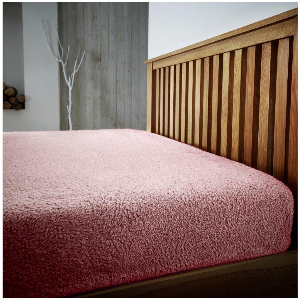 Teddy Plain Fleece Single Fitted Bed Sheet, Easycare Thermal Warm & Cosy Bear Bedding Super Soft BedSheet, Pink