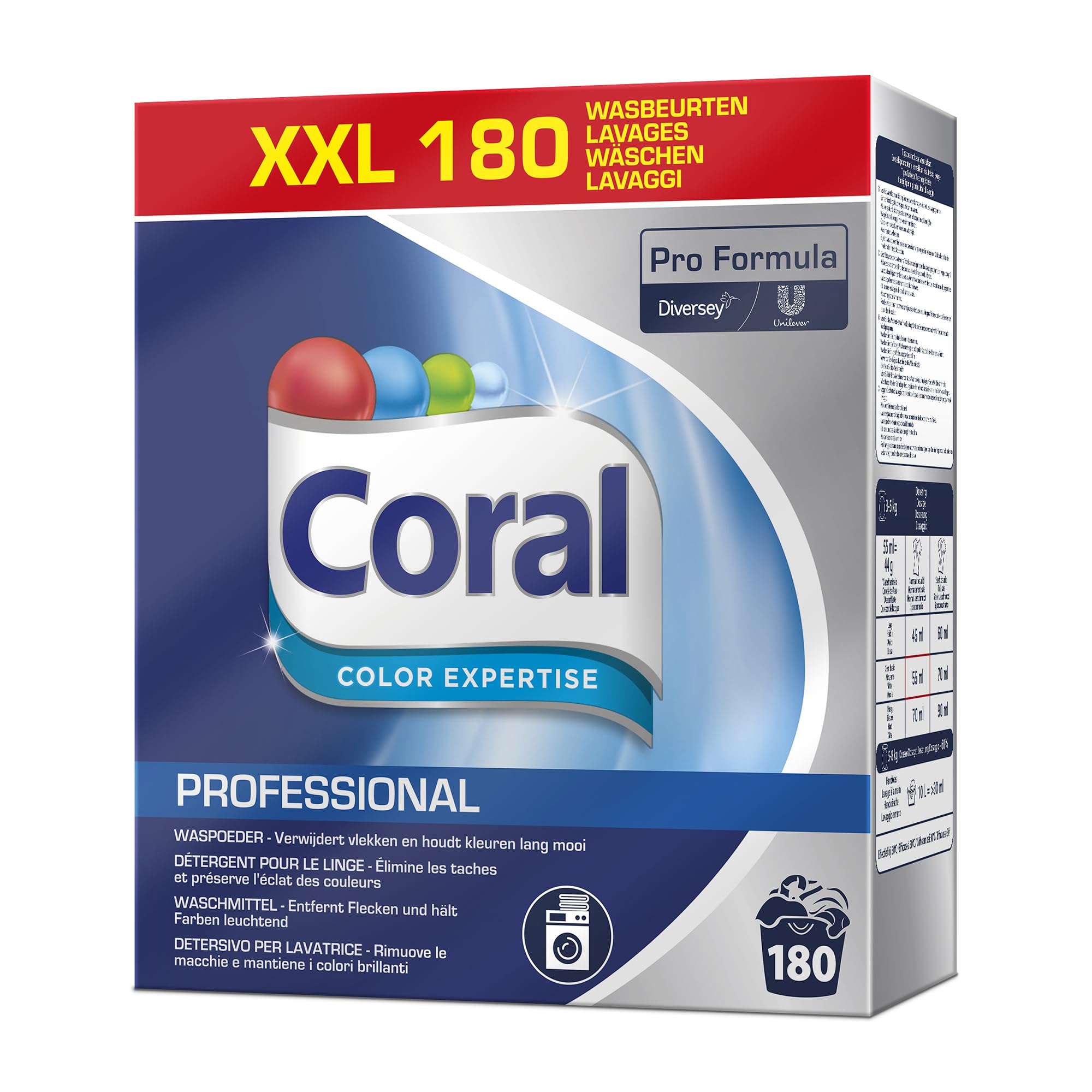 Coral Pro Formula Color Expertise Detergente en polvo, fuerte contra manchas, formulación profesional, 180 WG – 8 kg