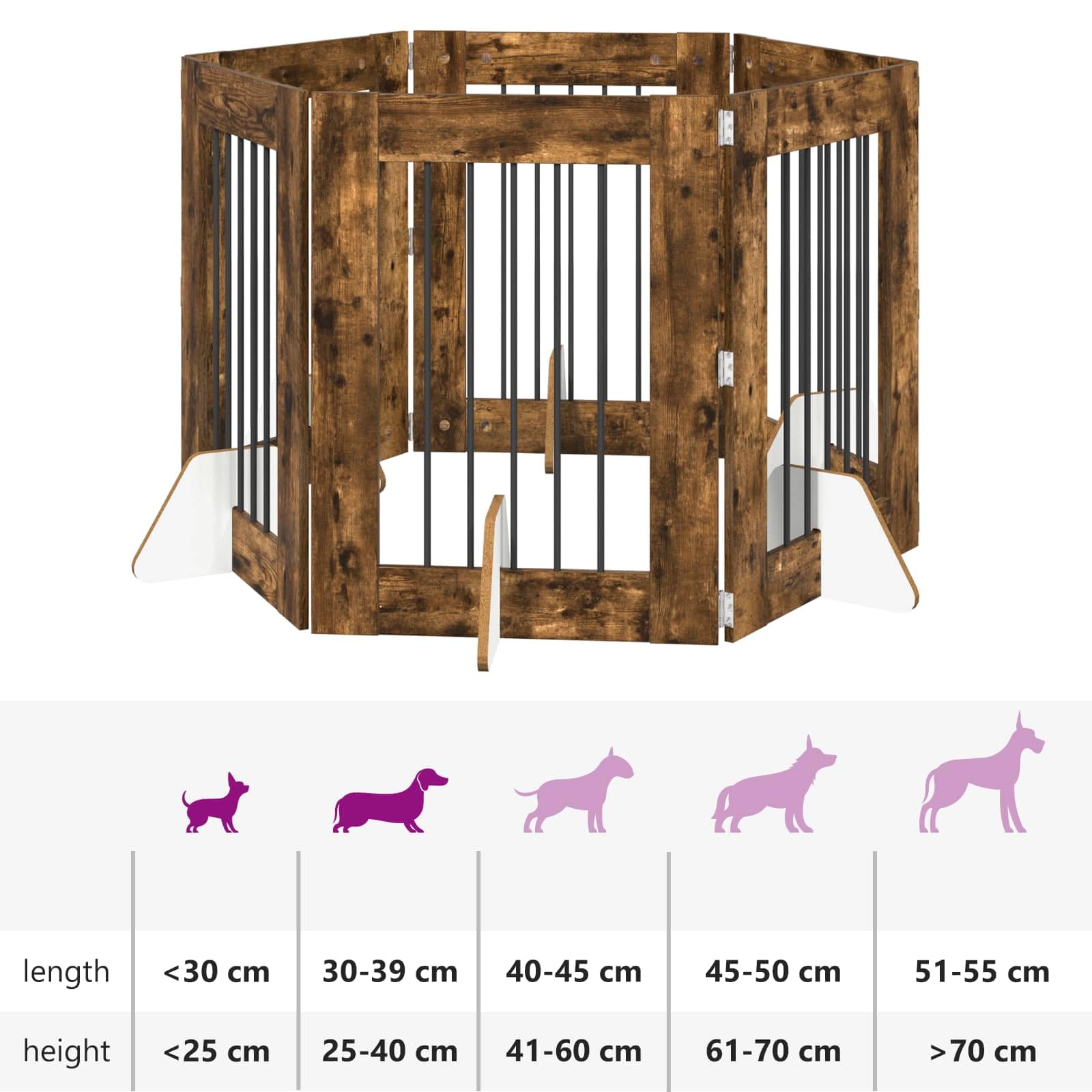 Cancelletto per cani con supporto, 6 pezzi, in rovere affumicato, 60 x 80 cm, pieghevole e trasportabile, barriera interna per cani, box sicuro e recinto per cuccioli e animali domestici