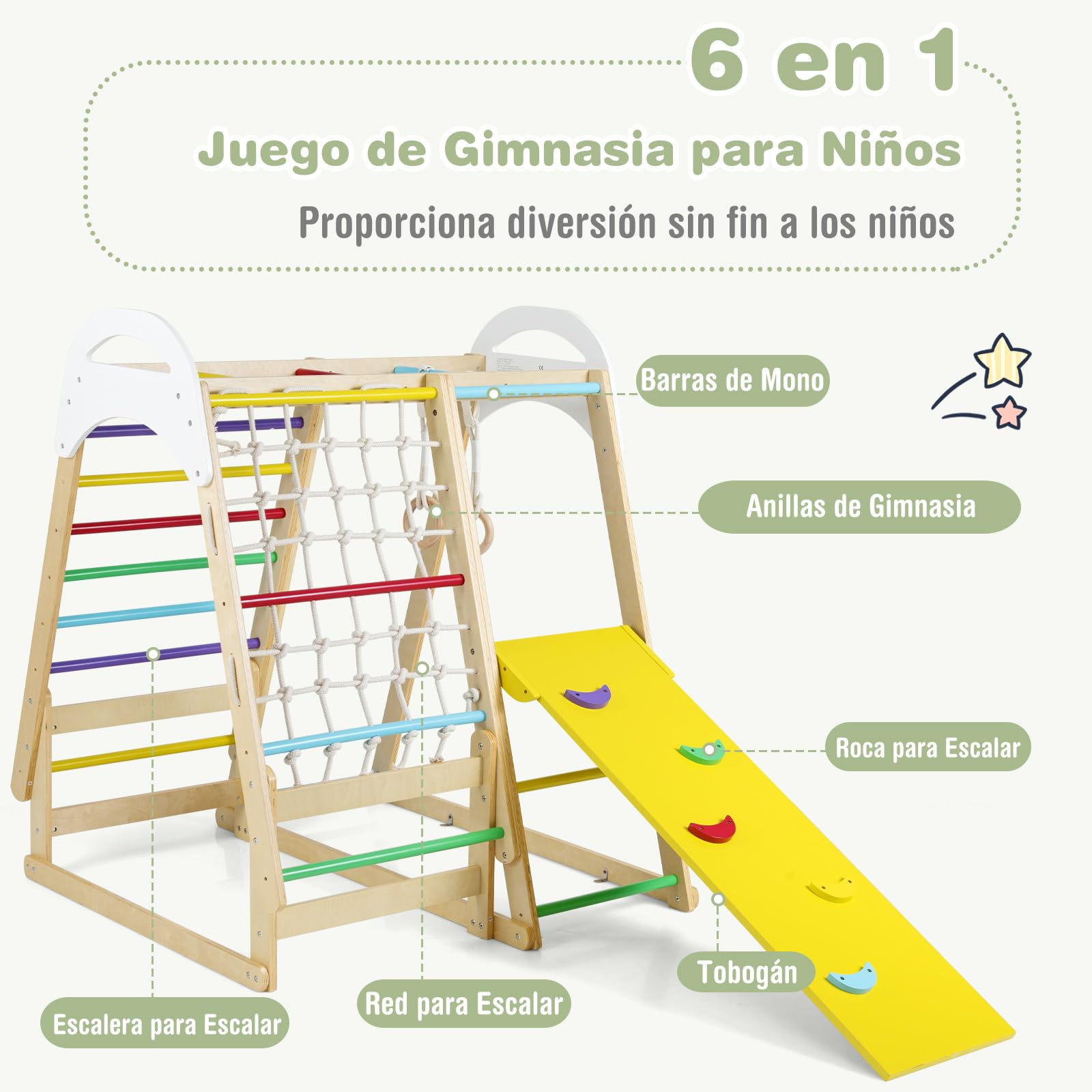COSTWAY 6 en 1 Triángulo de Escalada Infantil, Parque Infantil Interior para Niños, Conjunto de Juguetes de Escalada de Madera con Tobogán, Gimnasio de Interior para Niños de 1+ Año (Multicolor)
