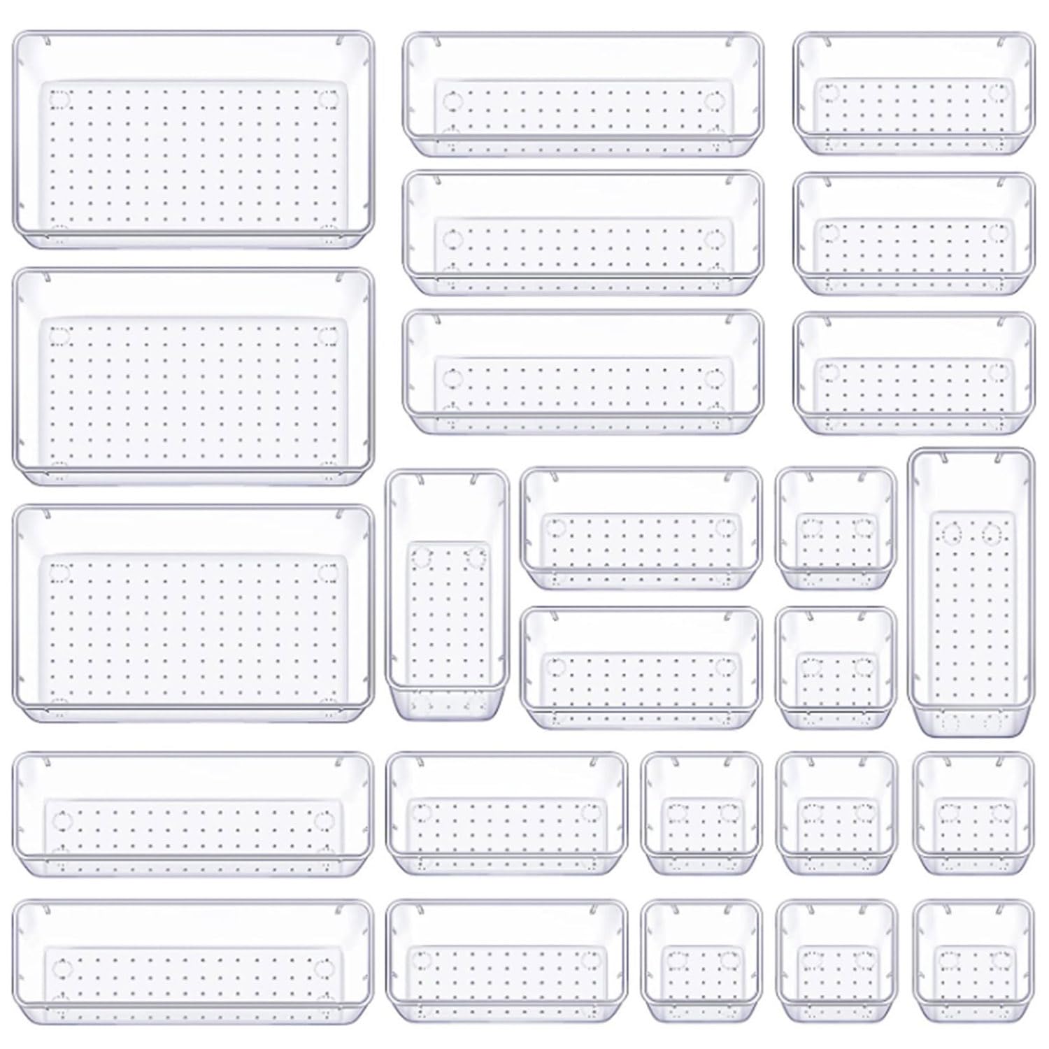 Taylor & Brown Clear 25 Pack Desk Drawer Organiser, Fridge Organisers With 4 Size Makeup Organiser Storage Drawers, Plastic Storage Drawers For Kitchen, Bedroom, Office, Utensils, Makeup, Jewelries