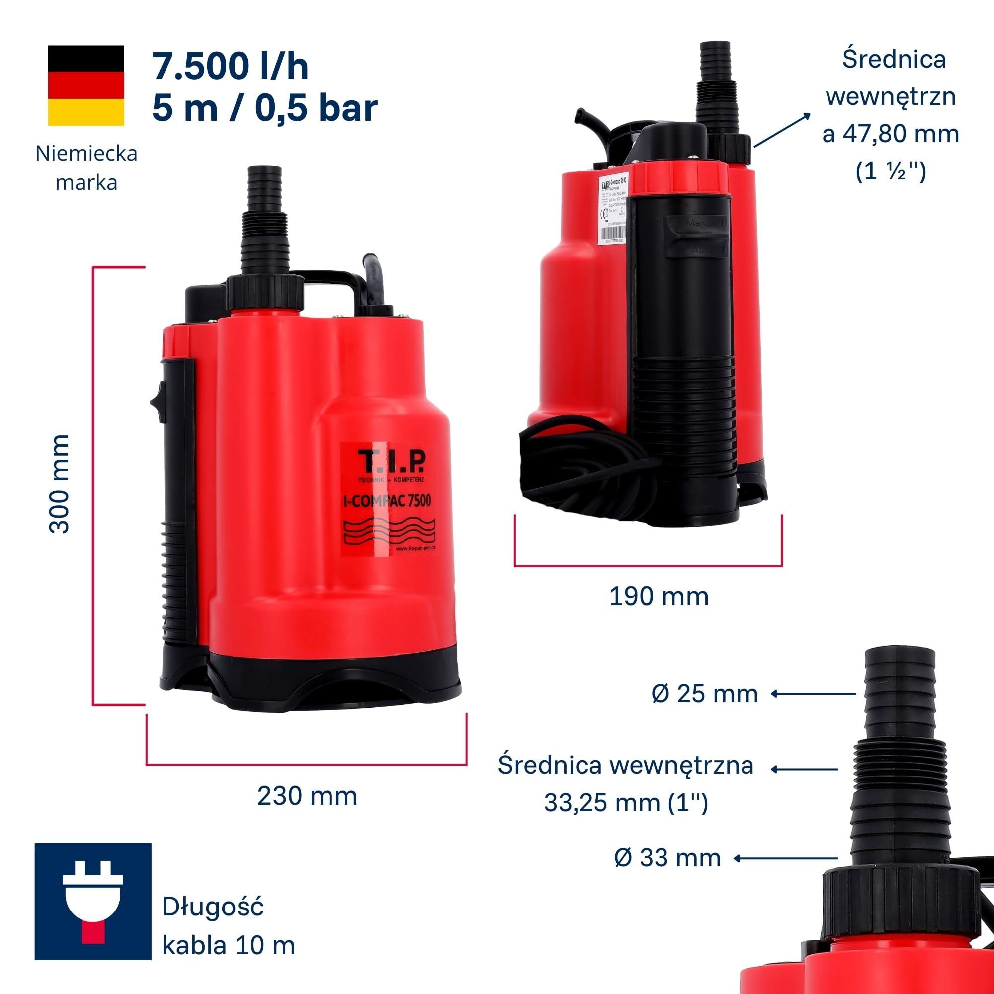 T.I.P. Zanurzeniowa Pompa Drenażowa I-Compac 7500 z Wyłącznikiem Pływakowym do Brudnej Wody 400W Tworzywo Sztuczne Czerwona, 30190
