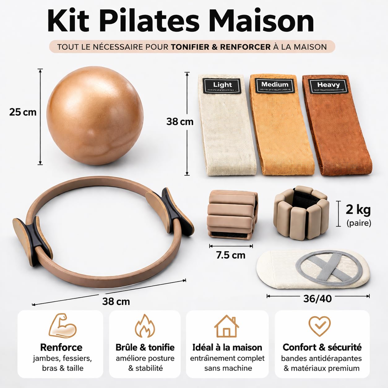 Kit Pilates Complet – Ballon, Anneau, Élastiques, Poids de Cheville, Ballerines Antidérapantes
