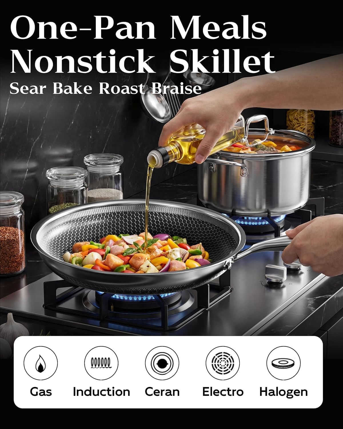 Honeycomb Stainless Steel Nonstick Frying Pan, Induction Cooktop Compatible Skillet, PFOA-Free Scratch-Proof, Dishwasher & Oven Safe, Stay-Cool Handle, Silver Kitchen Cookware