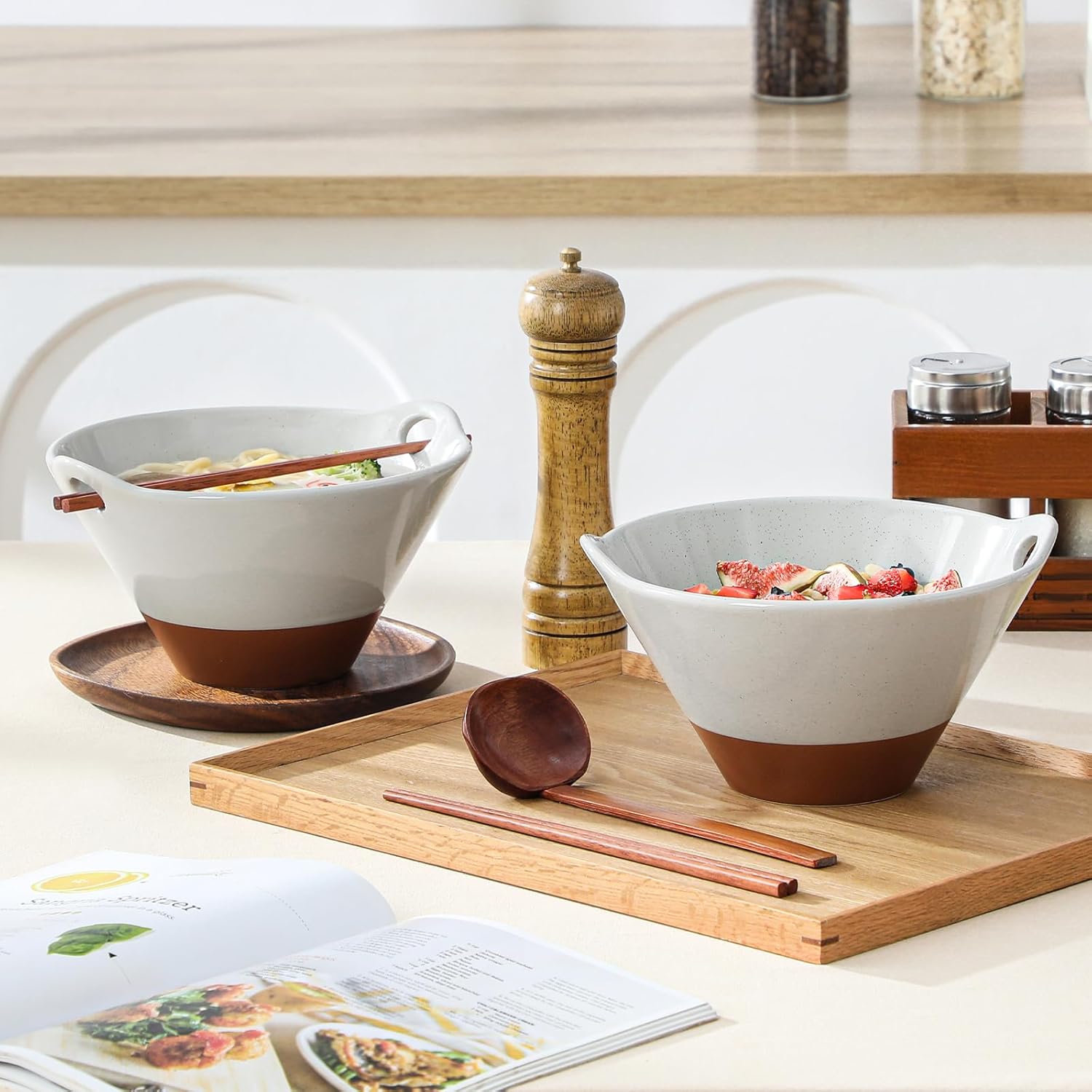 MALACASA 42 oz Ceramic Ramen Bowl Set with Wooden Spoon & Chopsticks, Japanese Style Soup Bowls for Ramen, Pho, Noodles – Set of 2, Microwave & Dishwasher Safe, Series TARA (Gray and Khaki)