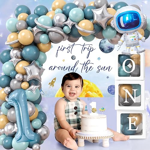 Miniatura 3 de Winrayk 156 piezas de decoración de primer viaje alrededor del sol para el primer cumpleaños de niño, una caja, mantel de telón de fondo de papel de