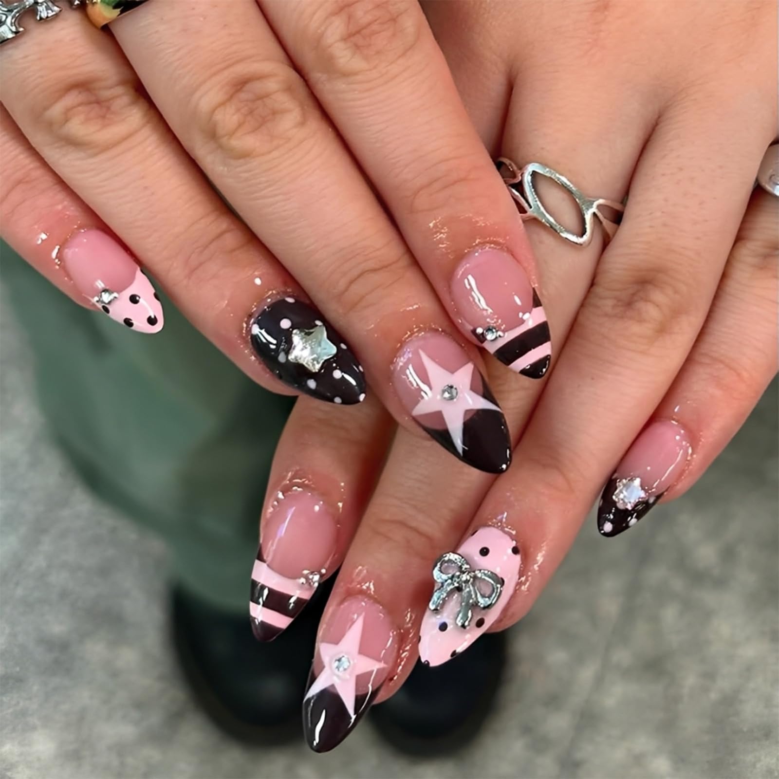 24-Piece Press On Nails Short, French Style Nail Extensions with Black and Pink Polka Dot Design for Home Manicure and Parties-image-29