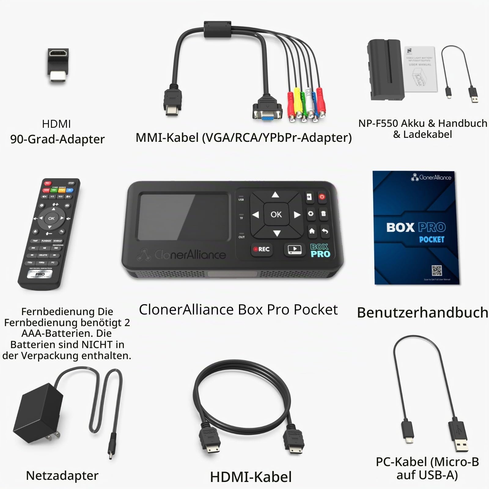 ClonerAlliance Box Pro Pocket, tragbarer 1080p60fps-Videorecorder und -konverter mit integriertem Bildschirm, Batteriestromversorgung und Unterstützung für HDMI-, RCA-, YPbPr- und VGA-Eingänge.