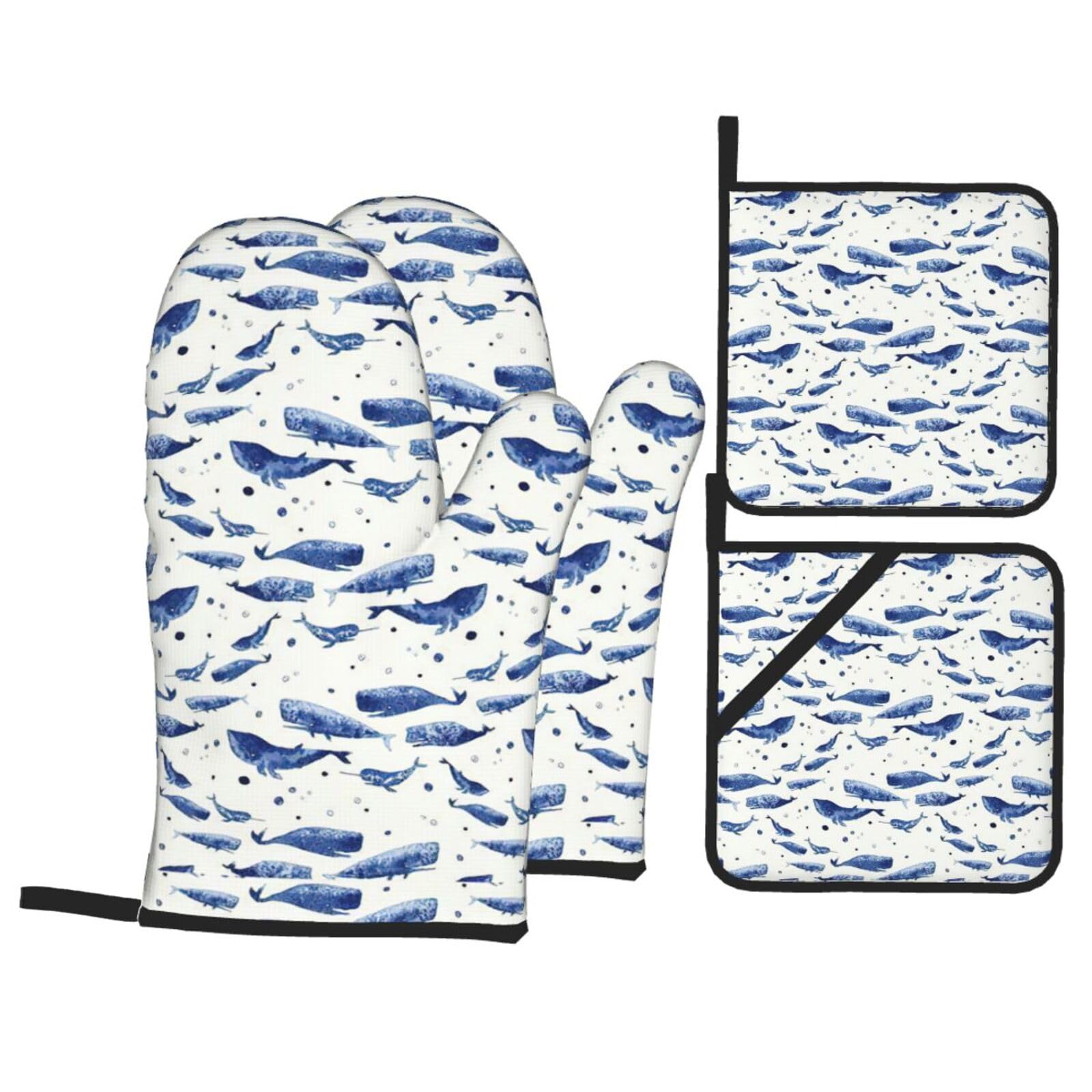 Nimongt Black Small Blue Whale Swimming Print Heat-Resistant 4-Piece Oven Kitchen Gloves For Baking Cooking Microwaving Essentials