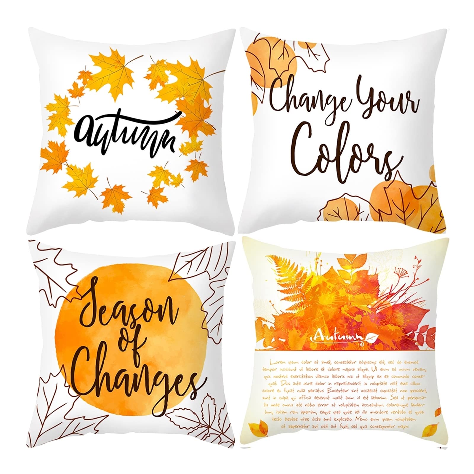 AmDxD Juego de 4 fundas de cojín navideñas de 50 x 50 cm, con estampado de hojas otoñales, en poliéster, para casa, salón, dormitorio, oficina, decoración de sofá, naranja, verde y marrón