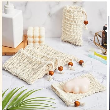2 Pcs Cotton Linen Soap Bag with Drawstring, Exfoliating Mesh Bar Soap Bag for Shower Bath