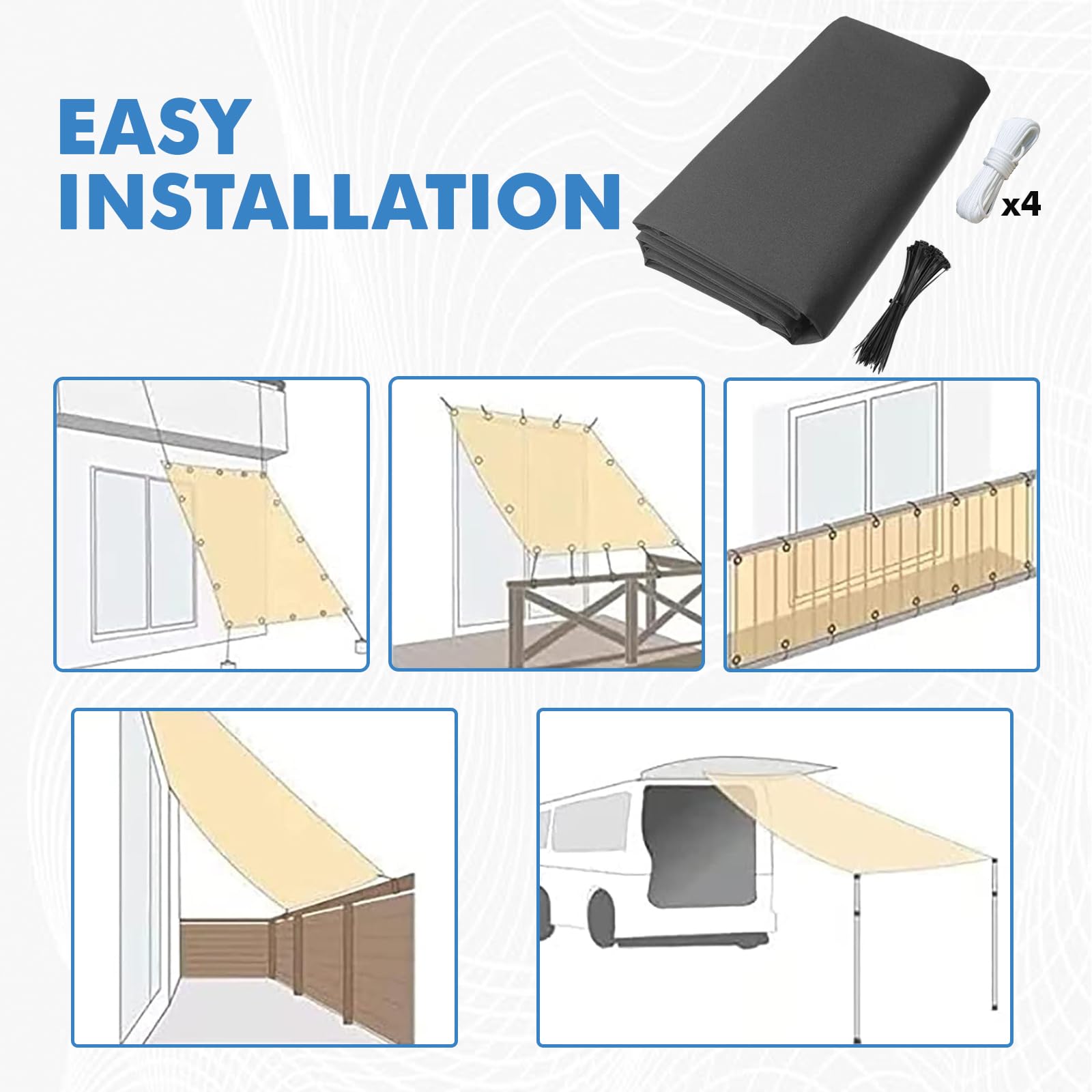 Premium Sonnensegel Wasserdicht Rechteckig mit Ösen – UV-Schutz 95%, Sonnenschutz, Wetterfest & Reißfest – Perfekt für Balkon, Terrasse und Garten, inkl Seile & Kabelbinder, 1x2m in Dunkelgrau