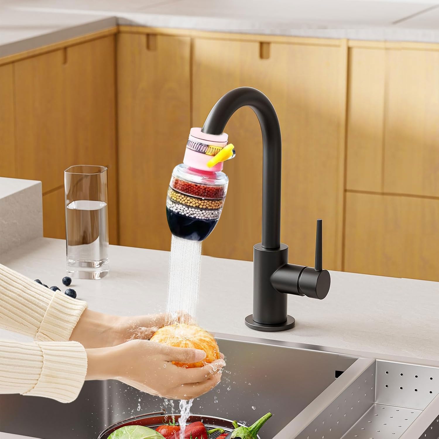 Sink Water Faucet Filter, Activated Carbon Water Purifier for Kitchen, Bathroom, Sink, Removes Heavy Metals Chlorine Fluoride and Hard Water for Sink Applicable 1/2inch to 3/4inch faucets (Pink)