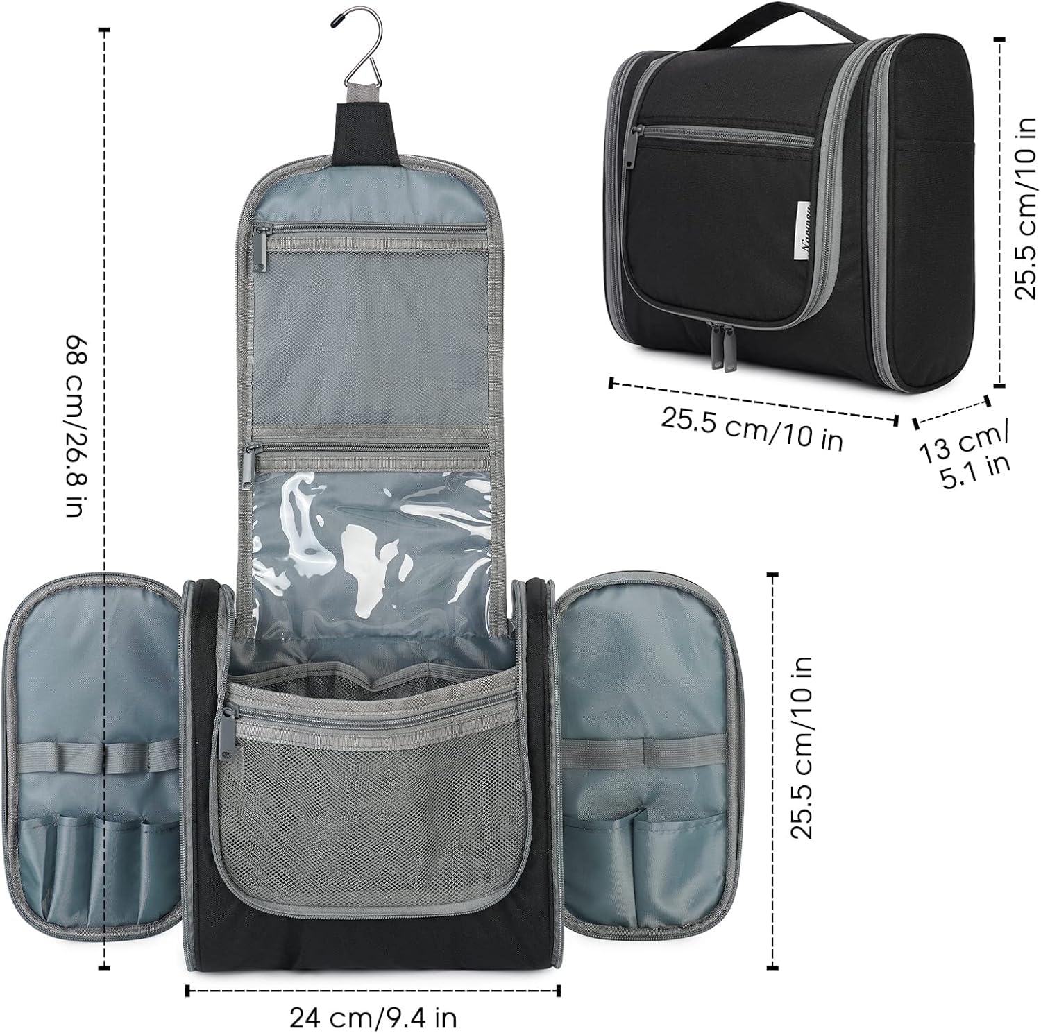 Narwey Neceser Mujer Bolsa de Aseo Colgante, Organizador de Maquillaje Neceser Viaje para Hombre y Mujer Accesorios de Viaje (Negro(Grande)) — view 6